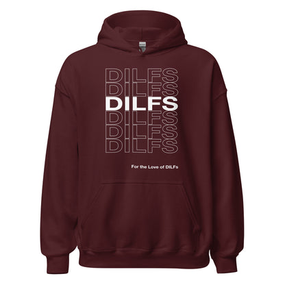 Maroon hoodie, Dilfs repeat graphic in white.