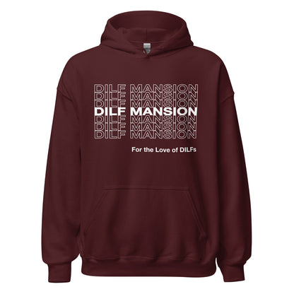 Maroon hoodie, Dilf Mansion repeat graphic in white.