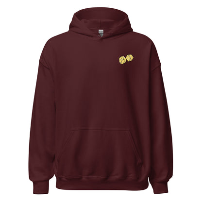 Maroon hoodie front view with dice.