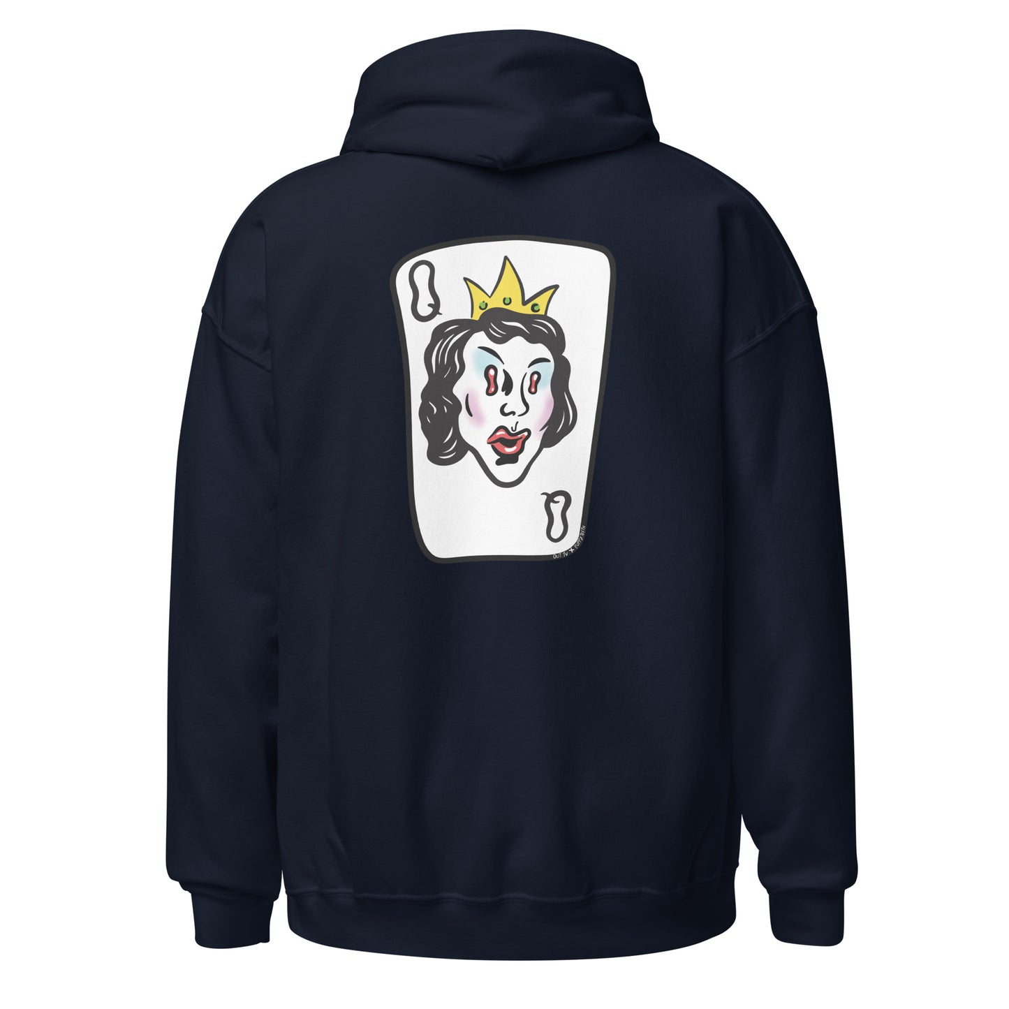 Navy back view of hoodie, with queen card.