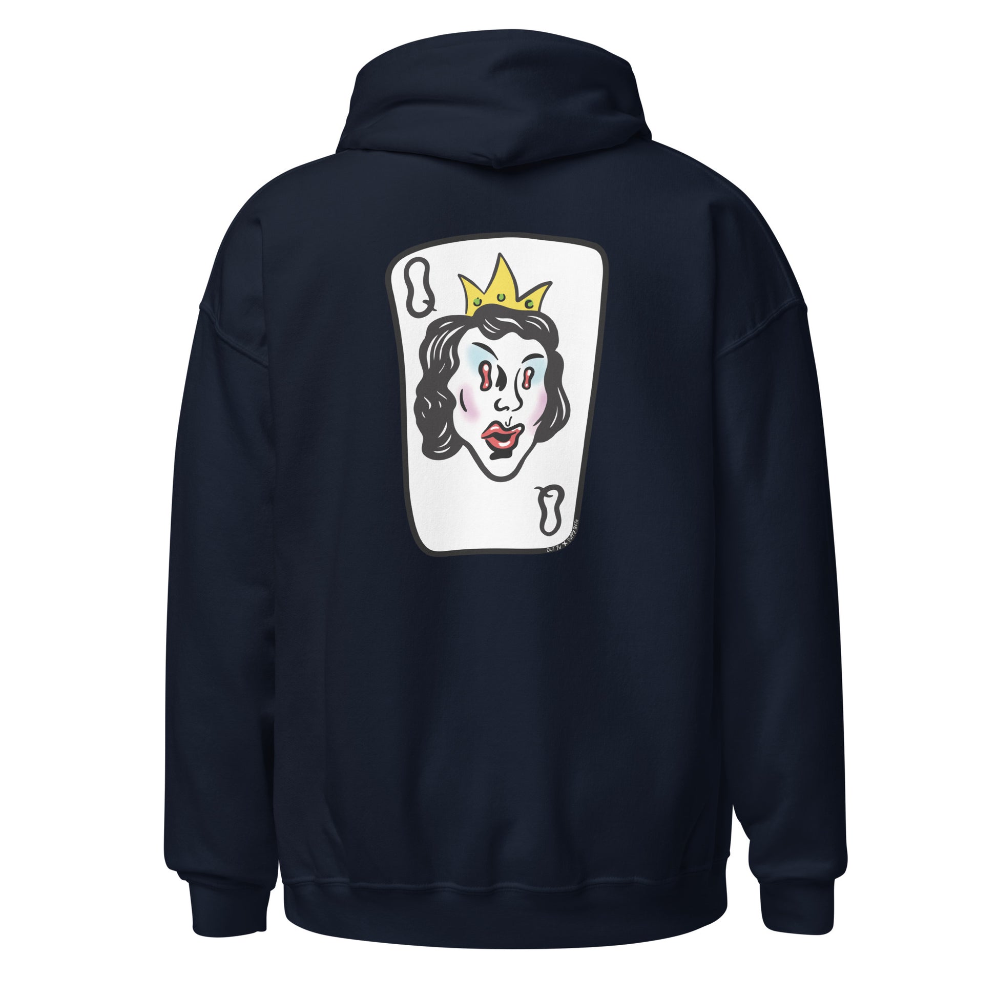 Navy back view of hoodie, with queen card.