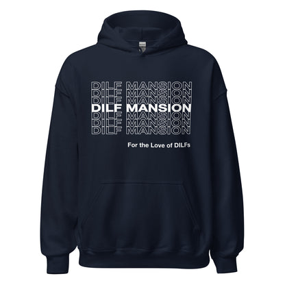 Navy blue hoodie, Dilf Mansion repeat graphic in white.