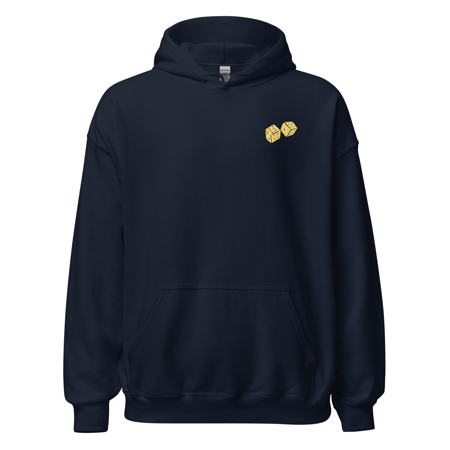 Navy front view of hoodie, with dice.