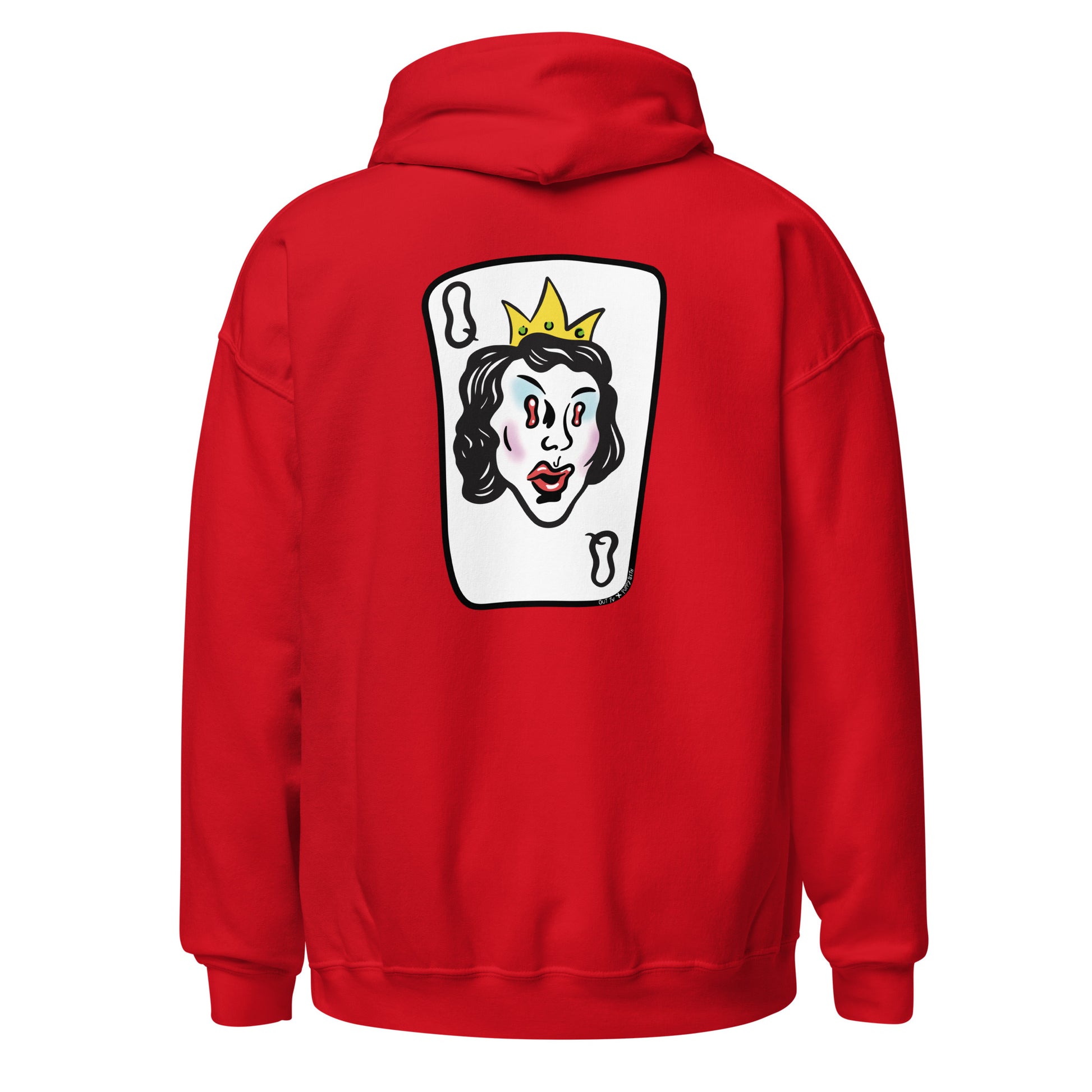 Red hoodie back view, with queen playing card graphic.