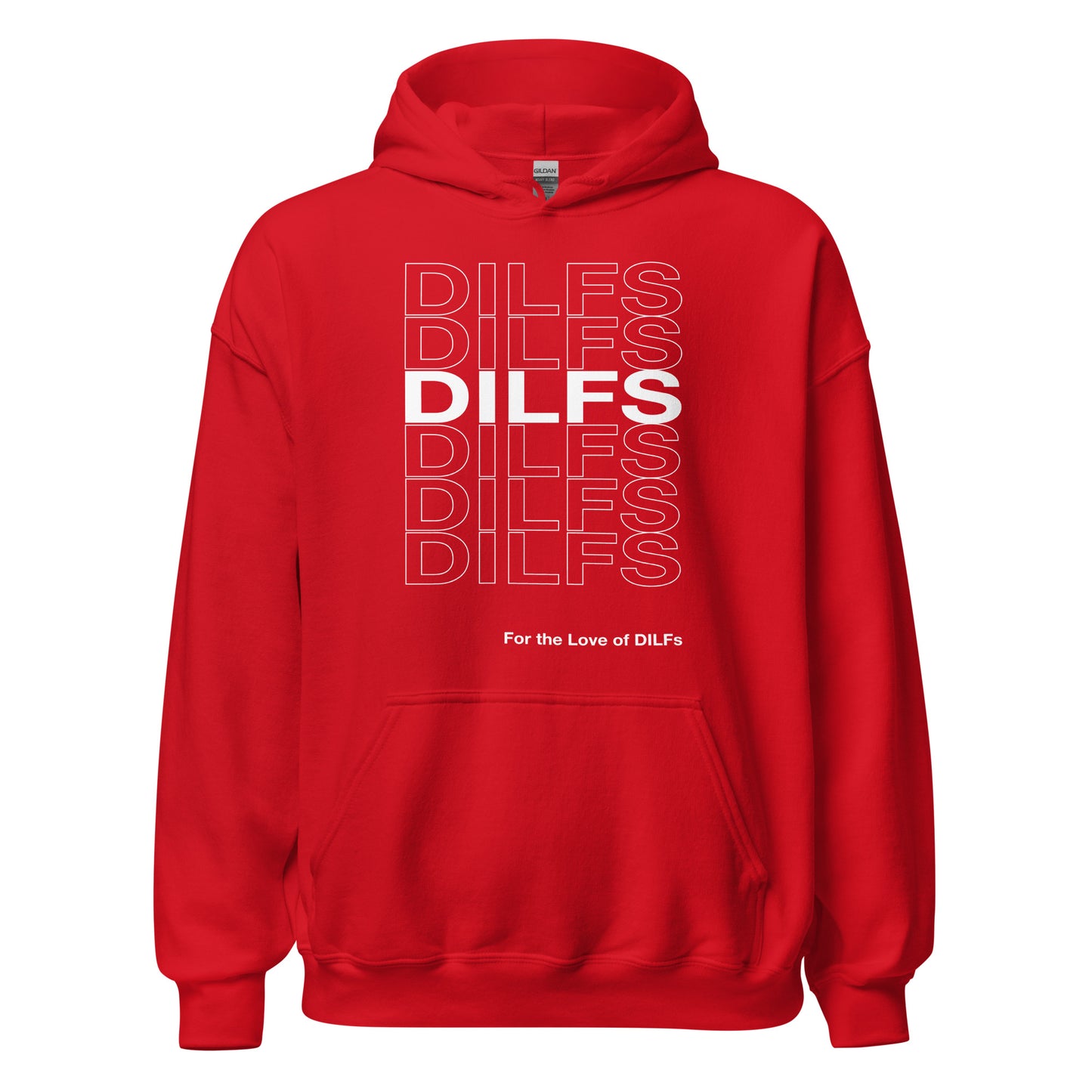 Red hoodie, Dilfs repeat graphic in white.