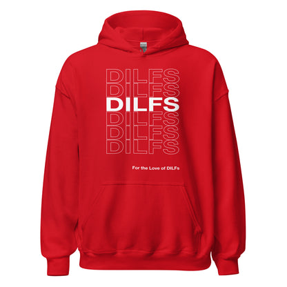 Red hoodie, Dilfs repeat graphic in white.