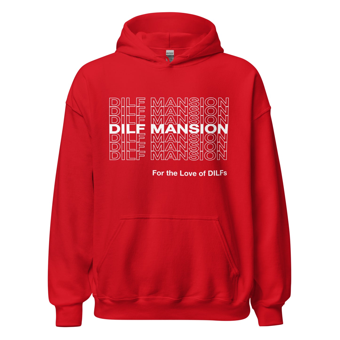 Red hoodie, Dilf Mansion repeat graphic in white.