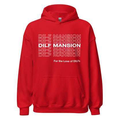 Red hoodie, Dilf Mansion repeat graphic in white.