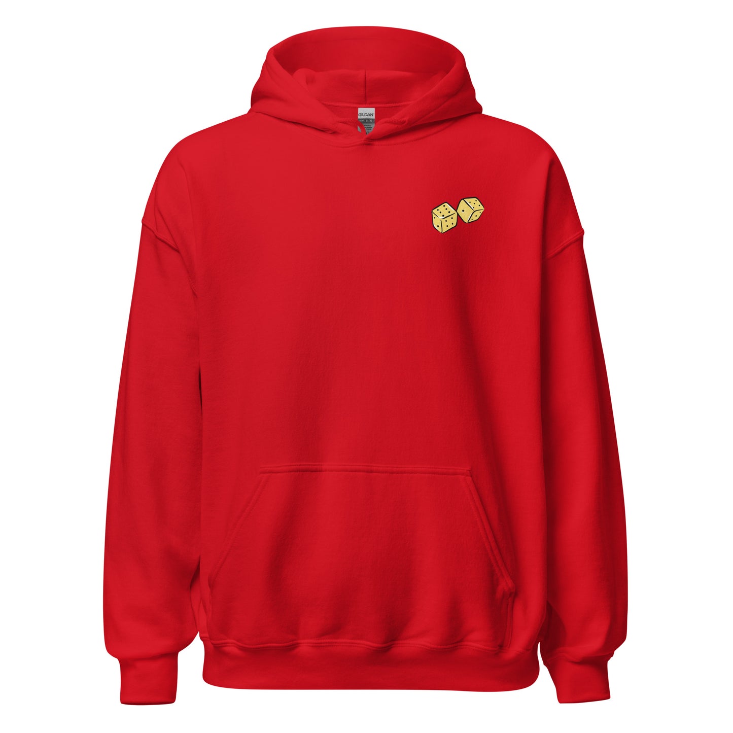 Red hoodie front view, with dice graphic.