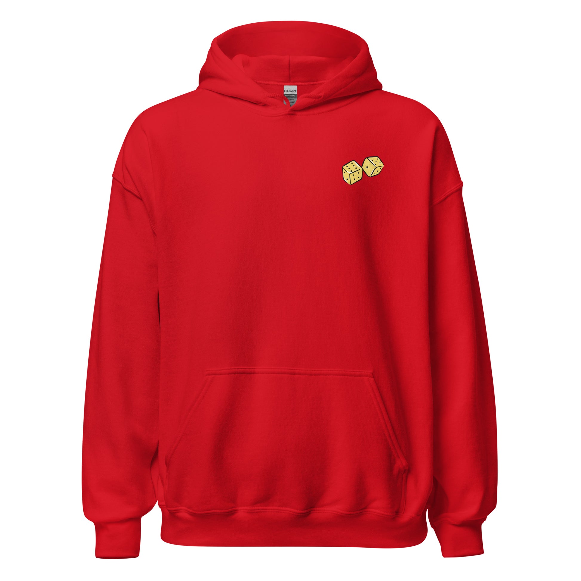 Red hoodie front view, with dice graphic.