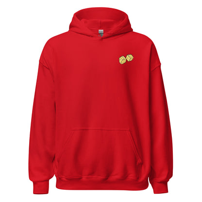 Red hoodie front view, with dice graphic.