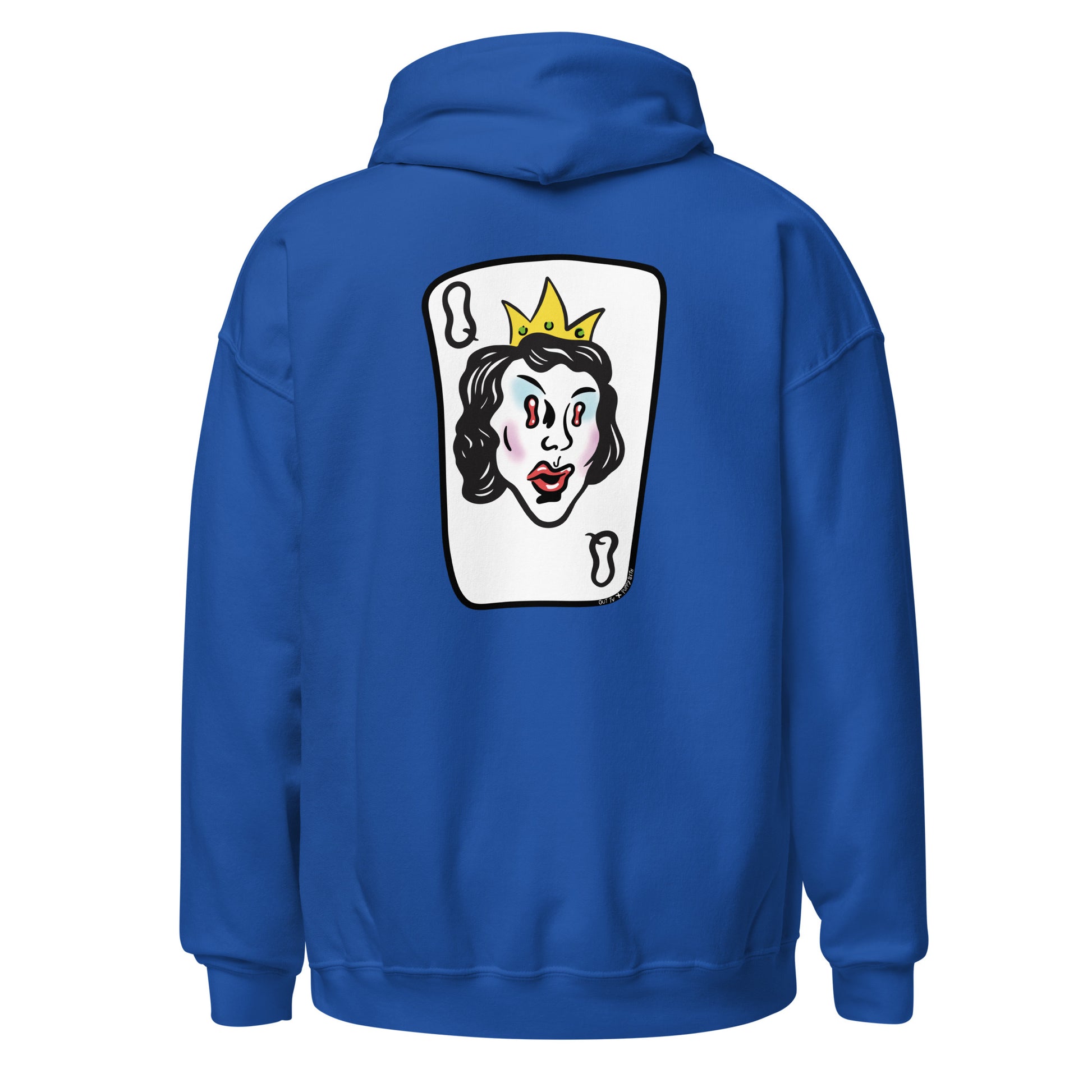 Royal blue graphic hoodie, back.