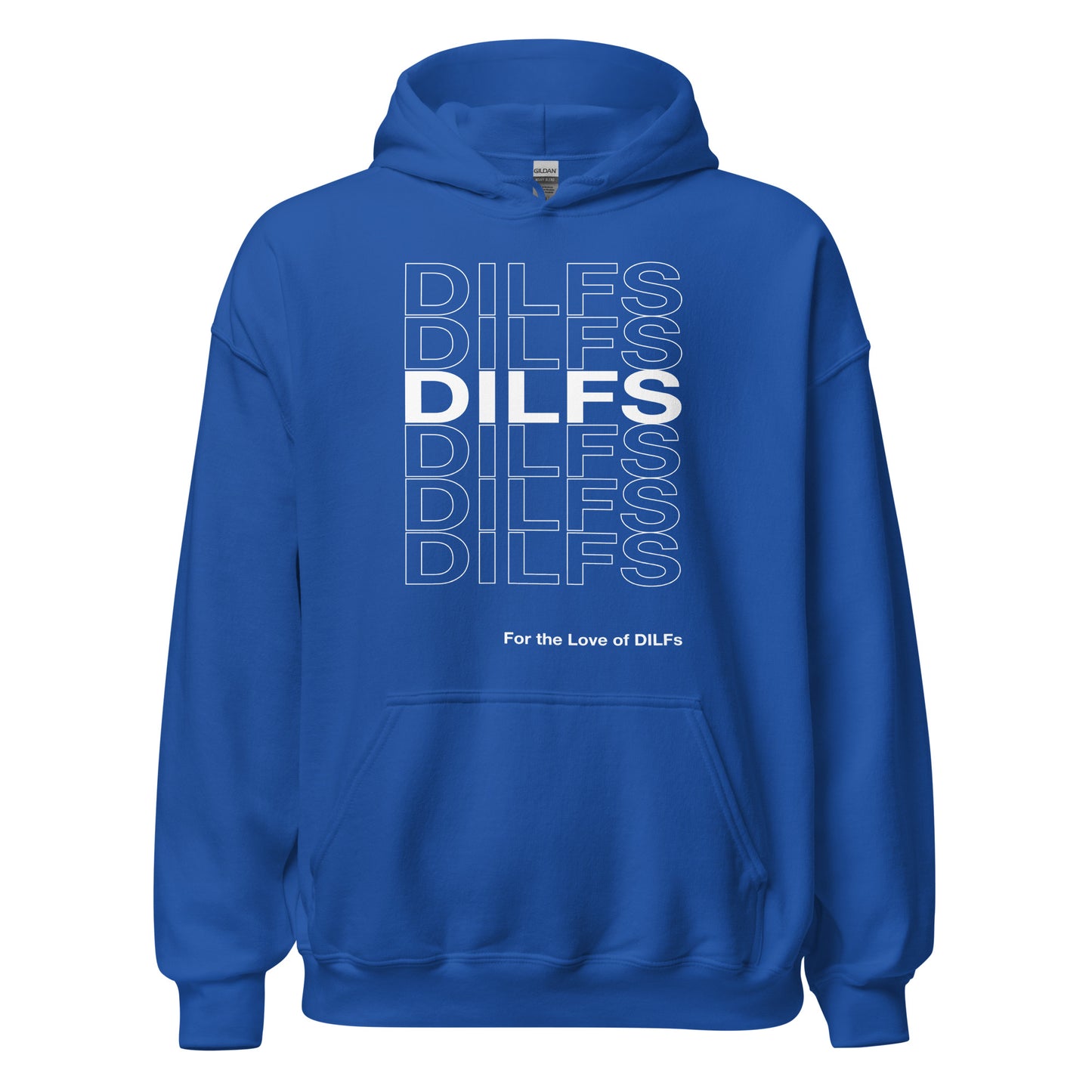 Royal blue hoodie, Dilfs repeat graphic in white.