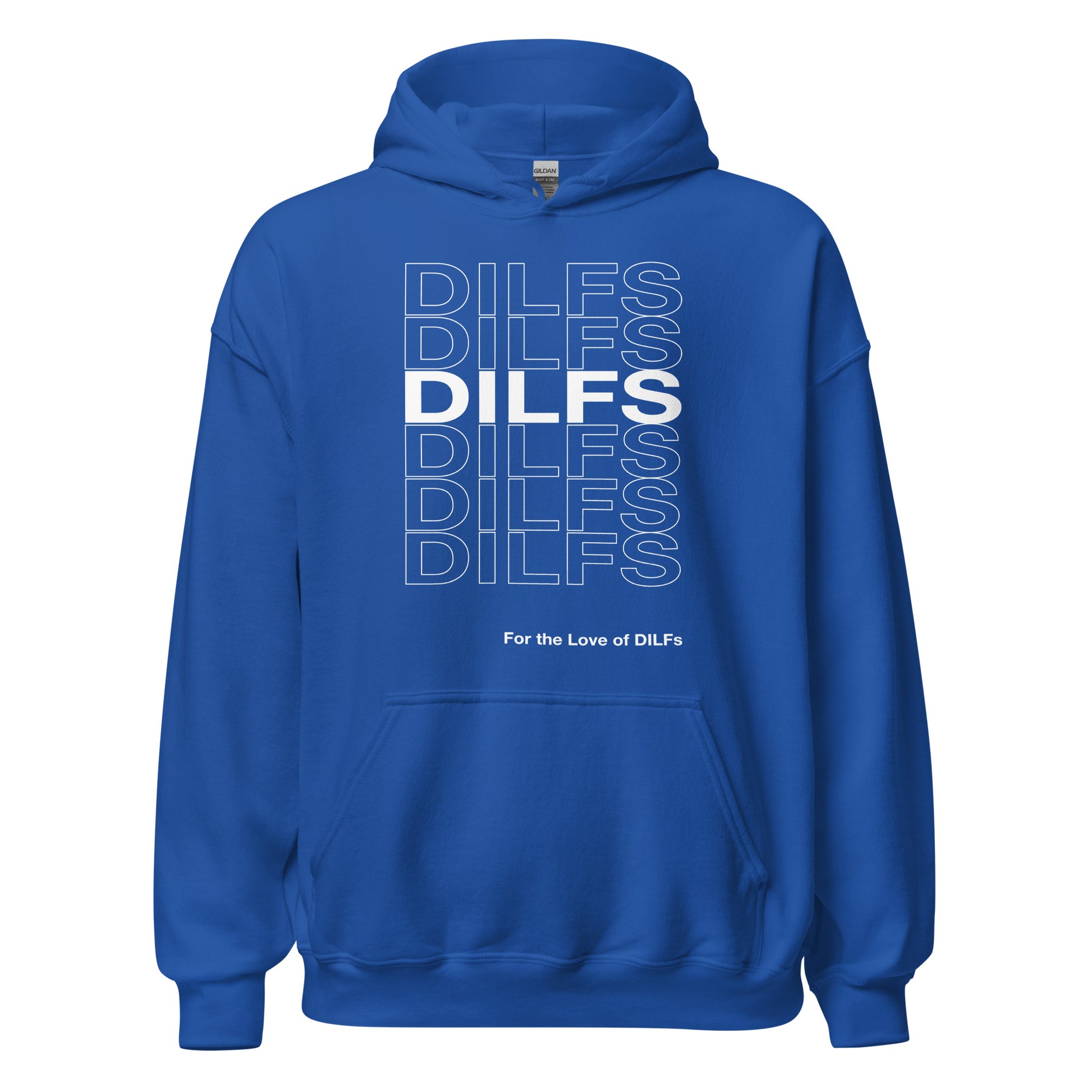 Royal blue hoodie, Dilfs repeat graphic in white.
