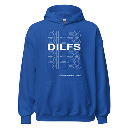 Royal blue hoodie, Dilfs repeat graphic in white.