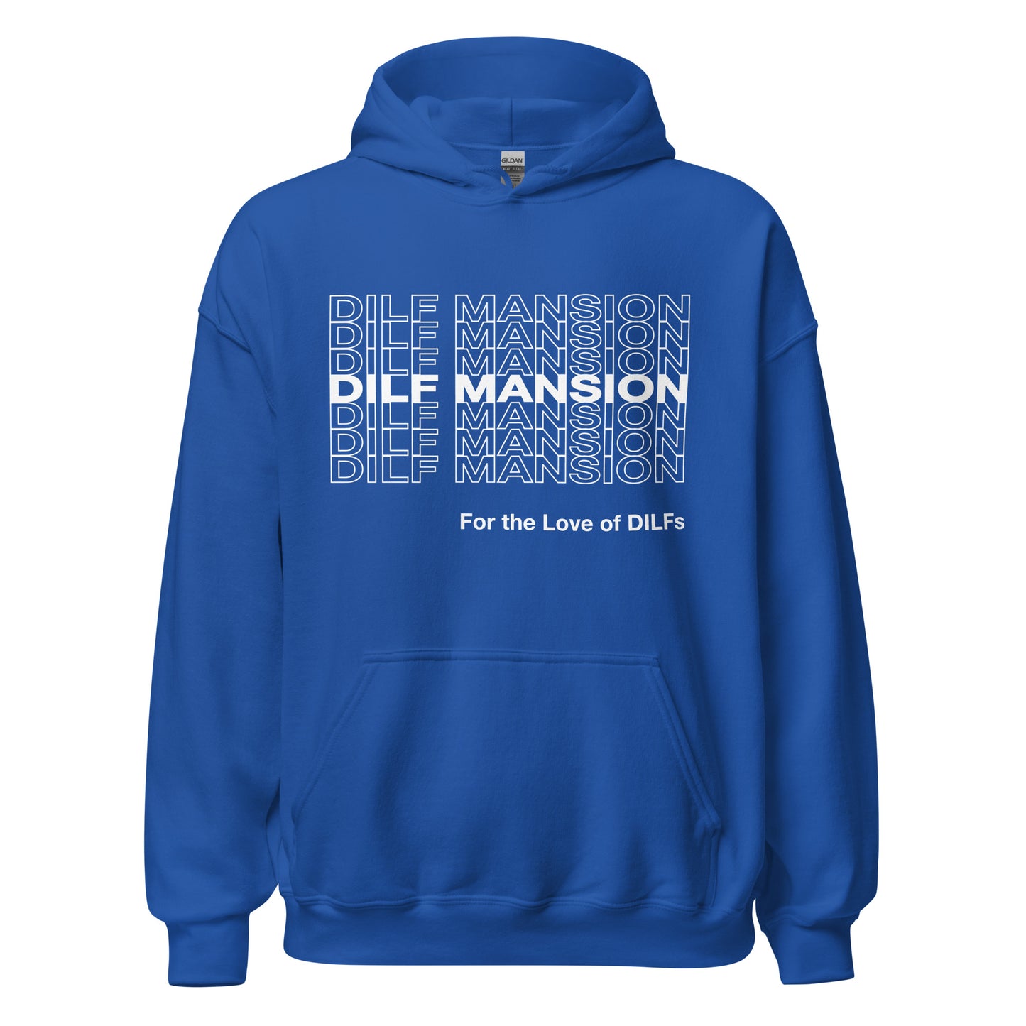 Royal blue hoodie, Dilf Mansion repeat graphic in white.