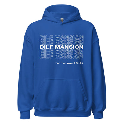 Royal blue hoodie, Dilf Mansion repeat graphic in white.