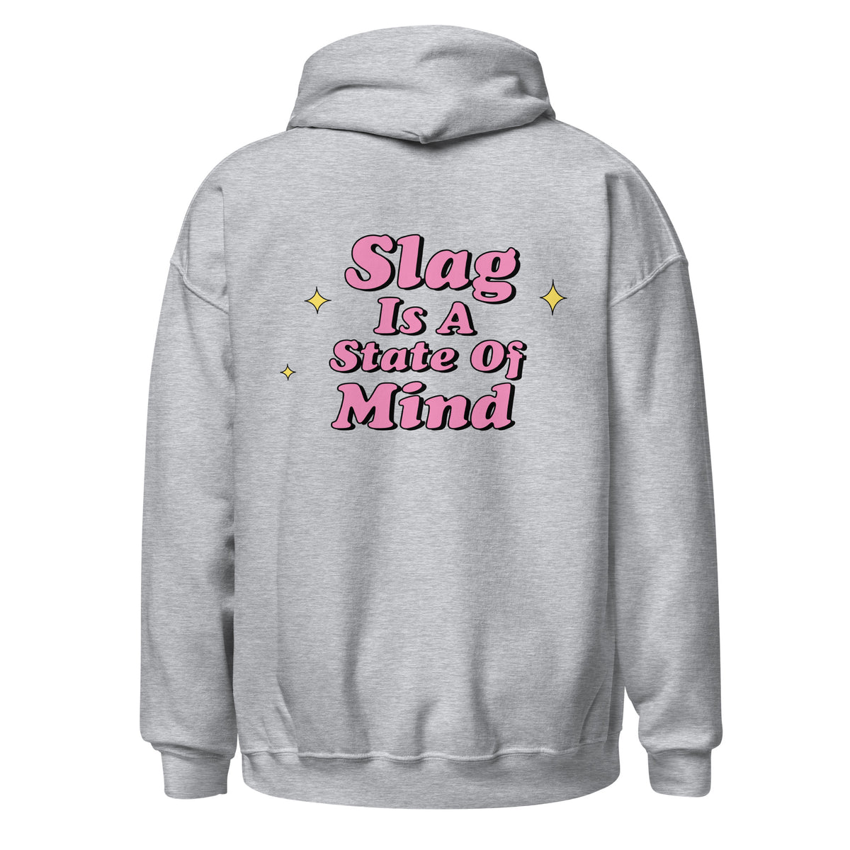 Grey hoodie with Slag graphic, back view.