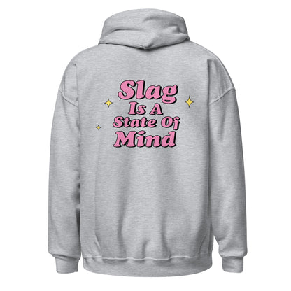 Grey hoodie with Slag graphic, back view.
