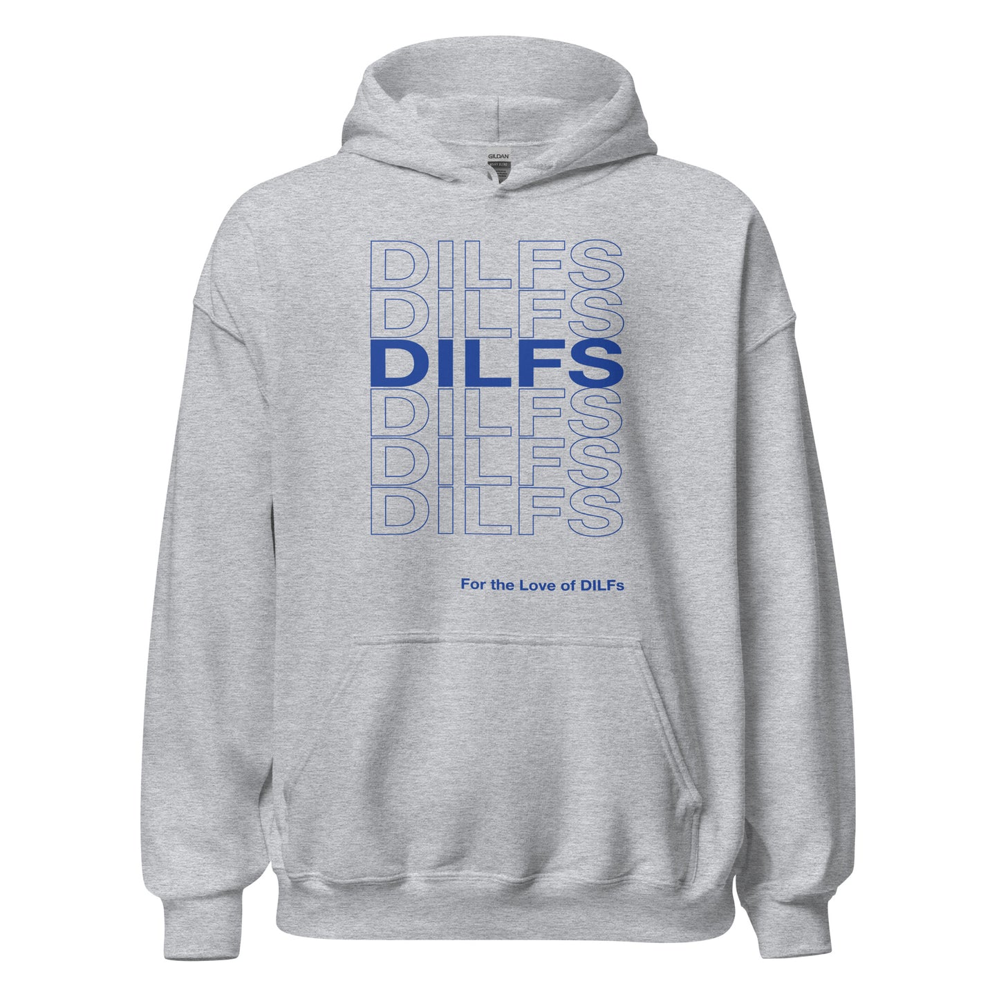 Sport grey hoodie, Dilfs repeat graphic in blue.