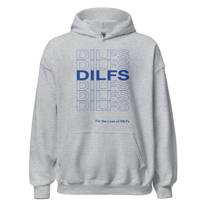 Sport grey hoodie, Dilfs repeat graphic in blue.