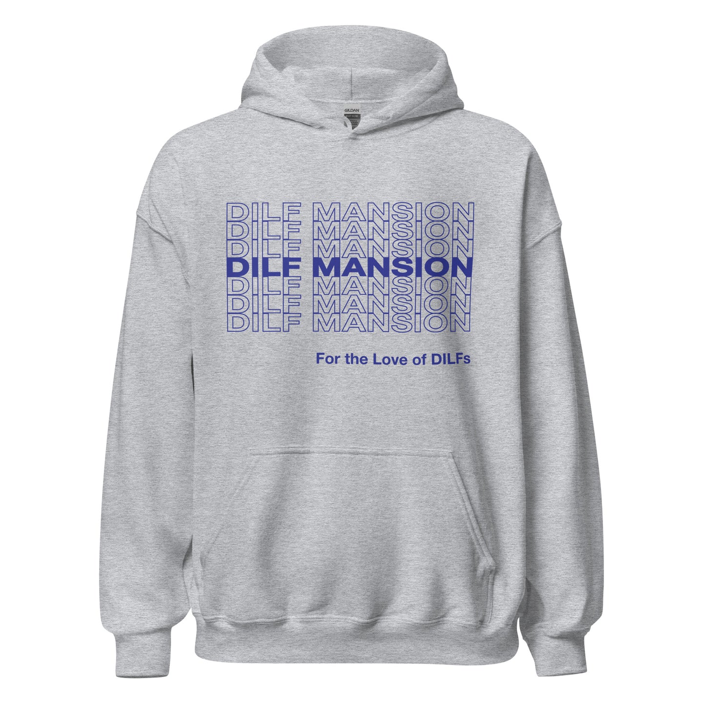 Sport grey hoodie, Dilf Mansion repeat graphic in blue.
