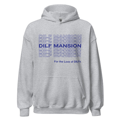 Sport grey hoodie, Dilf Mansion repeat graphic in blue.