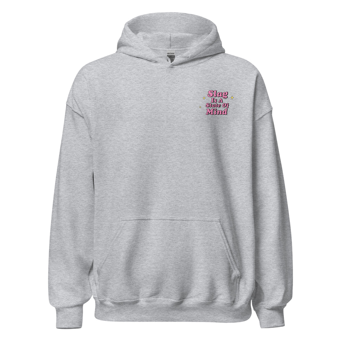 Grey hoodie front, small Slag graphic on left chest.