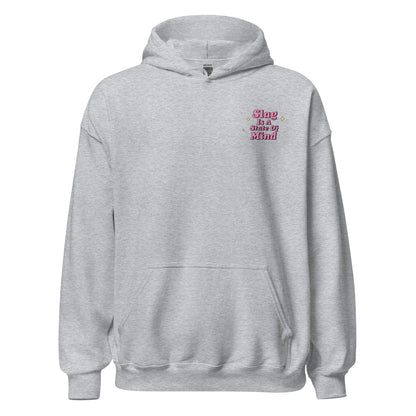 Grey hoodie front, small Slag graphic on left chest.