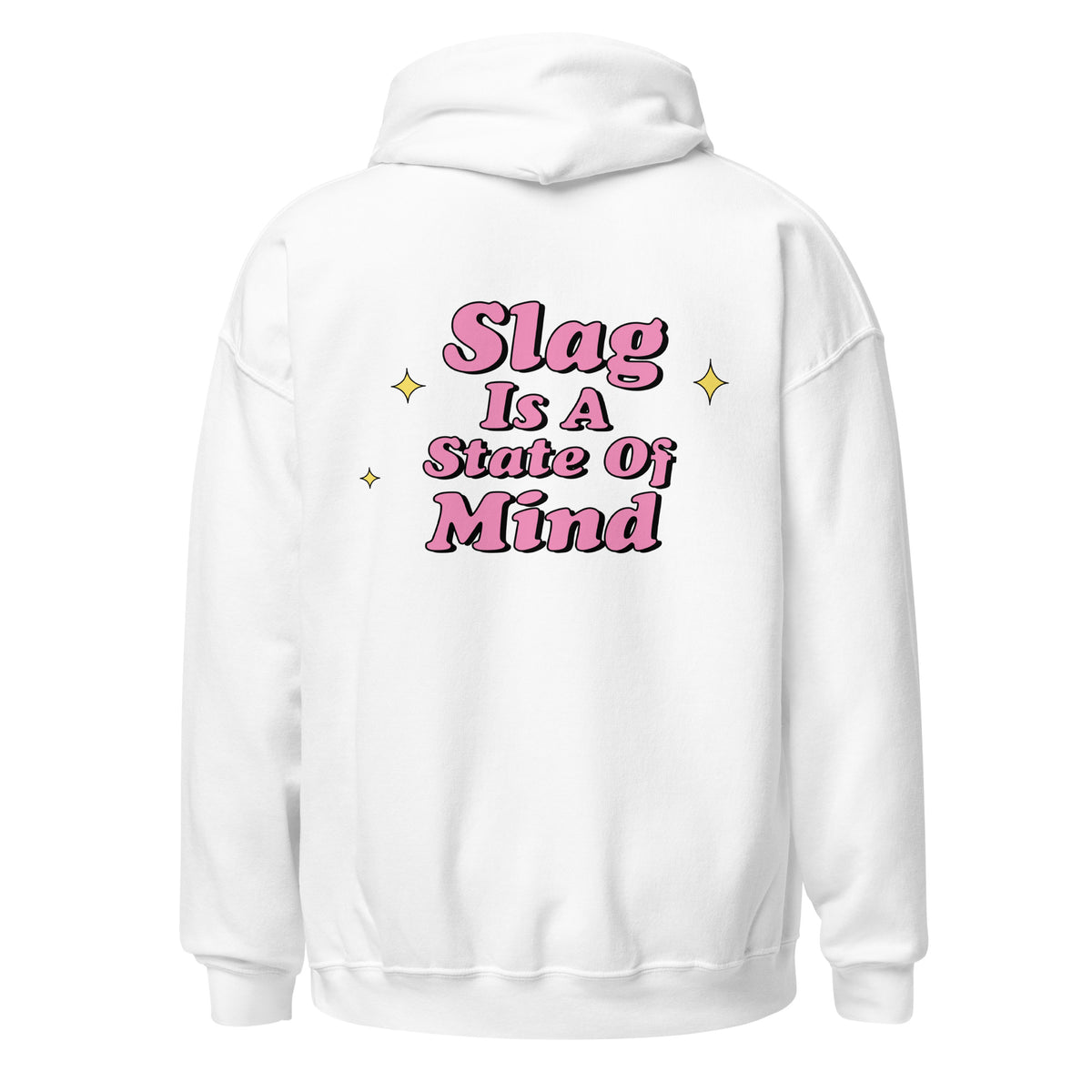 White hoodie with Slag graphic, back view.