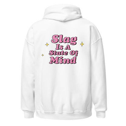 White hoodie with Slag graphic, back view.