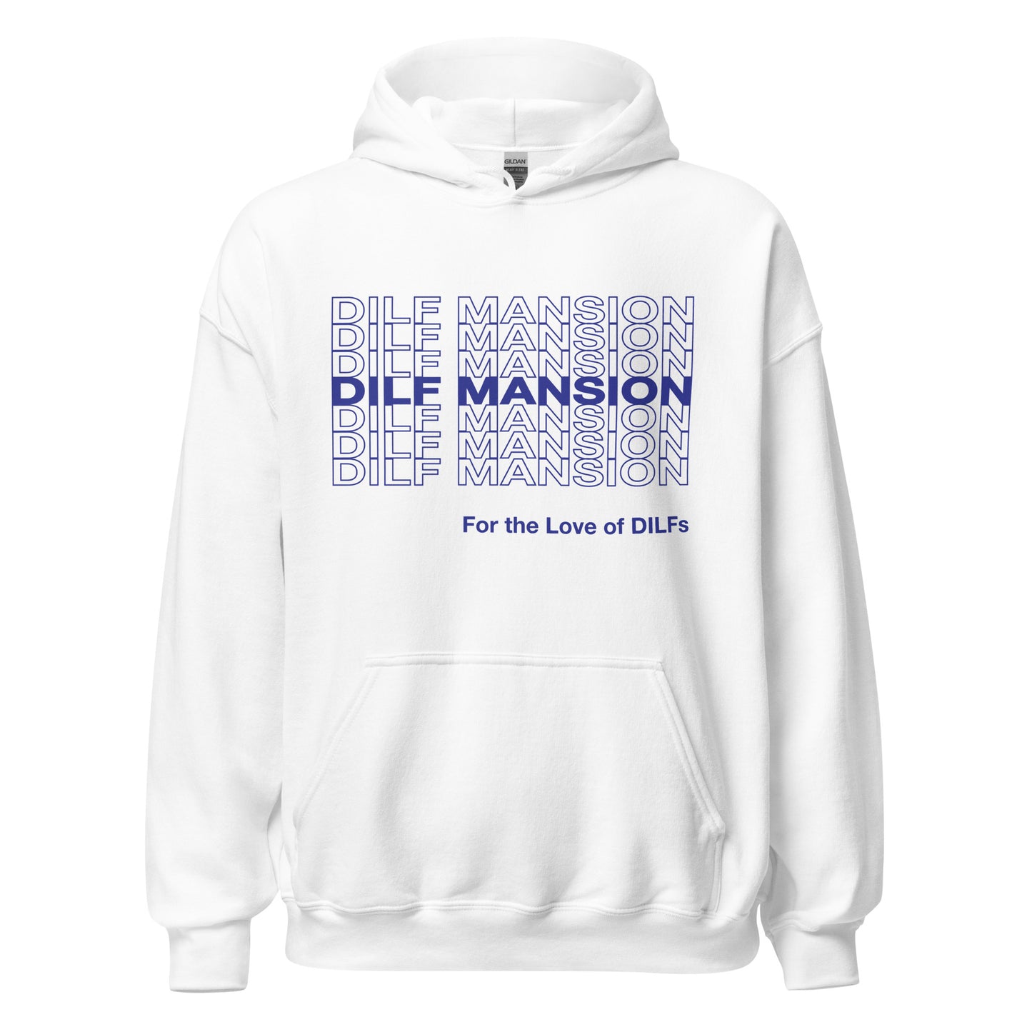 White hoodie, Dilf Mansion repeat graphic in blue.