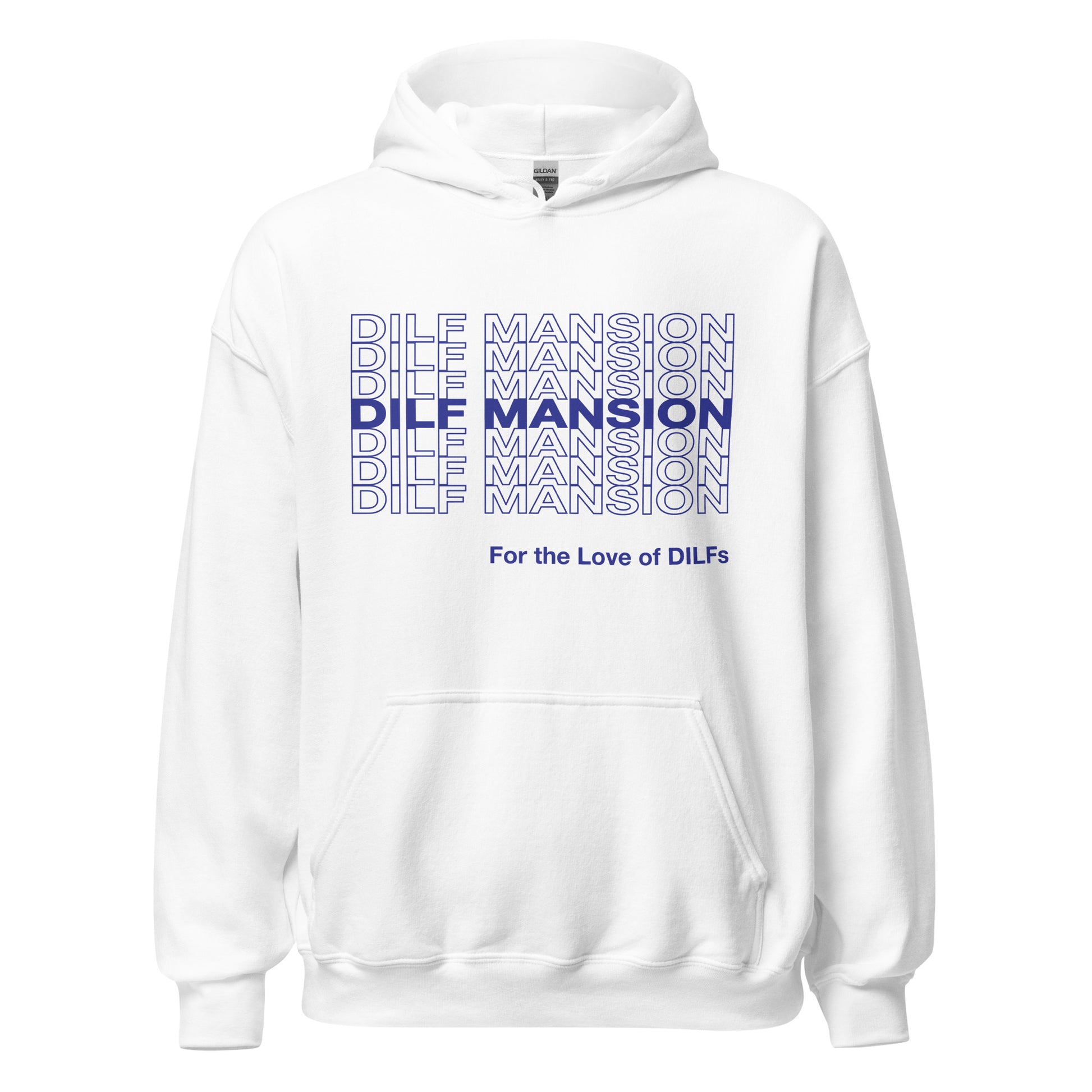 White hoodie, Dilf Mansion repeat graphic in blue.