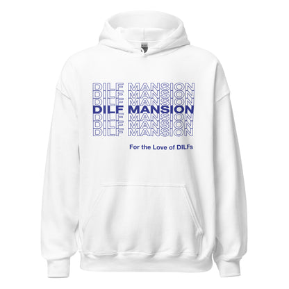 White hoodie, Dilf Mansion repeat graphic in blue.