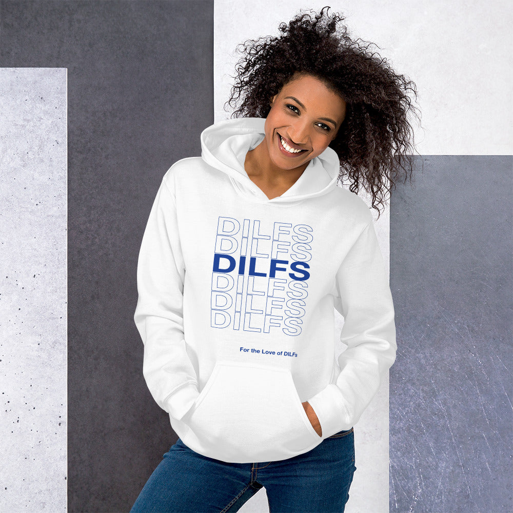Female model wears white hoodie, Dilfs repeating pattern in blue.