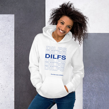 Female model wears white hoodie, Dilfs repeating pattern in blue.