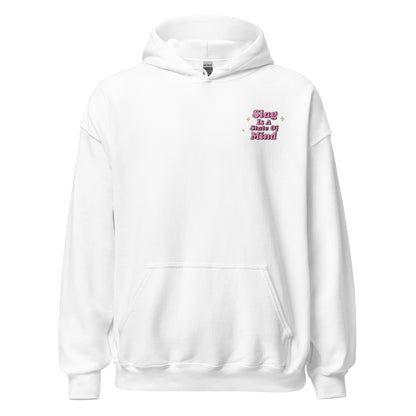 White hoodie front, small Slag graphic on left chest.