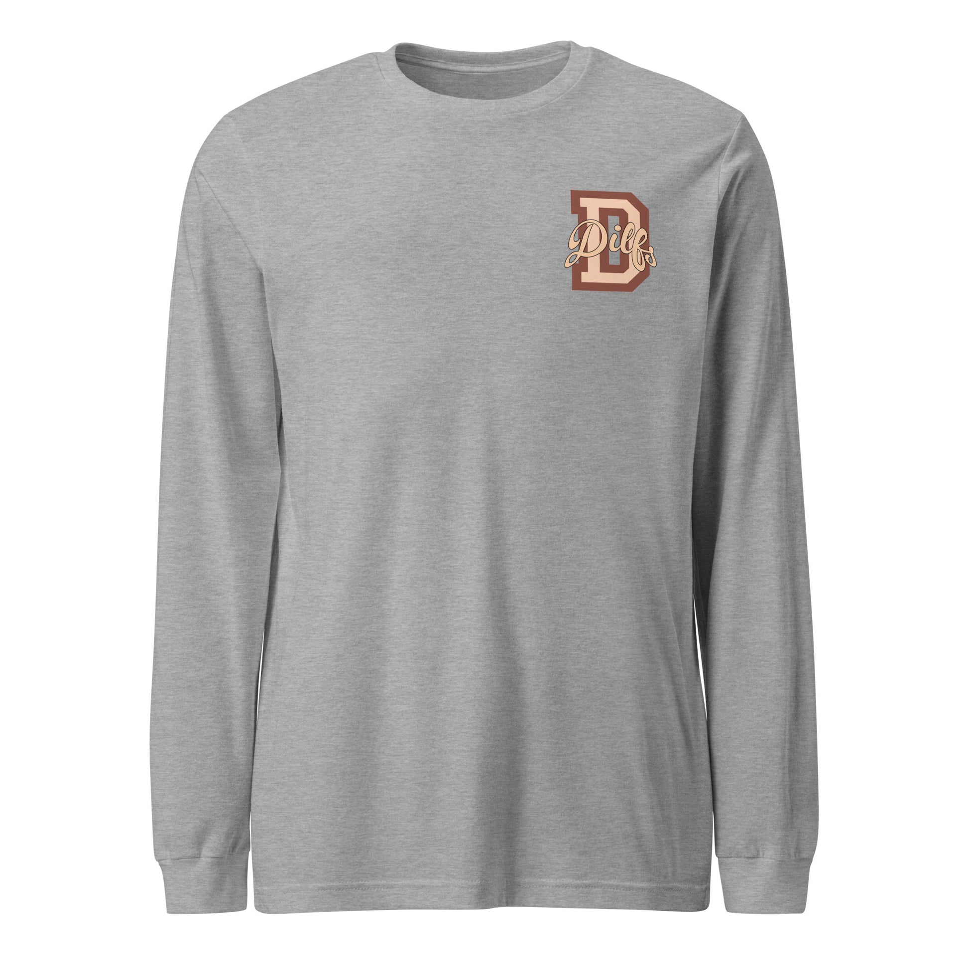 Athletic heather shirt, with varsity letter graphic in tan and brown.