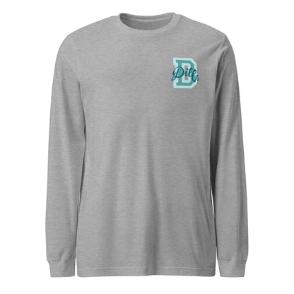 Athletic heather shirt, teal blues varsity graphic.