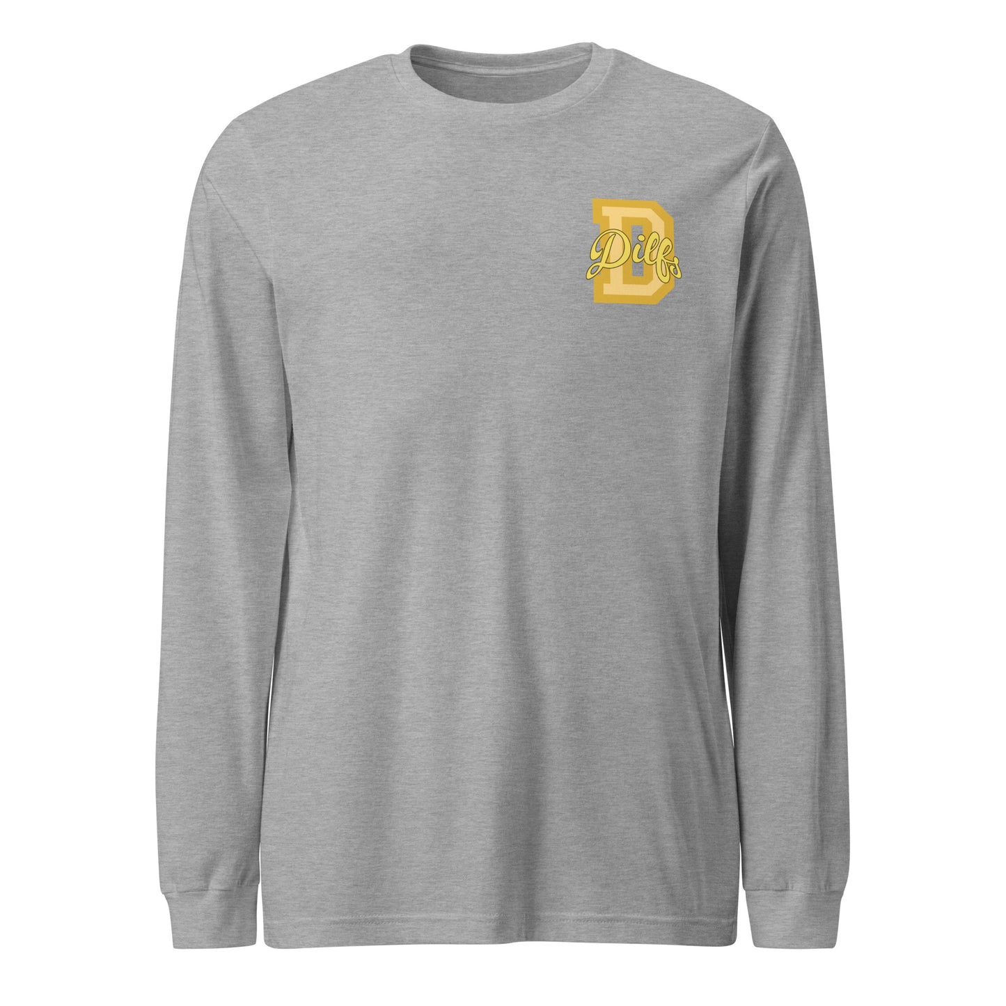 Athletic heather shirt, yellow and gold varsity graphic.