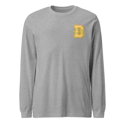 Athletic heather shirt, yellow and gold varsity graphic.