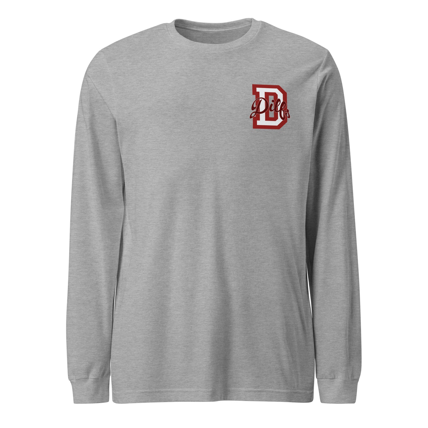 Varsity letter D, overlayed with stylized word Dilfs in red and light grey, on left chest of athletic heather shirt.