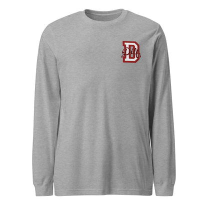 Varsity letter D, overlayed with stylized word Dilfs in red and light grey, on left chest of athletic heather shirt.