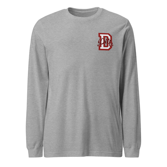 Varsity letter D, overlayed with stylized word Dilfs in red and light grey, on left chest of athletic heather shirt.