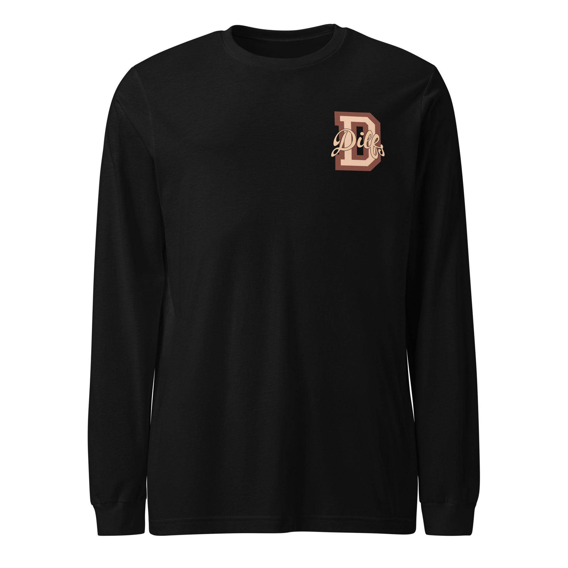 Black shirt, with varsity letter graphic in tan and brown.
