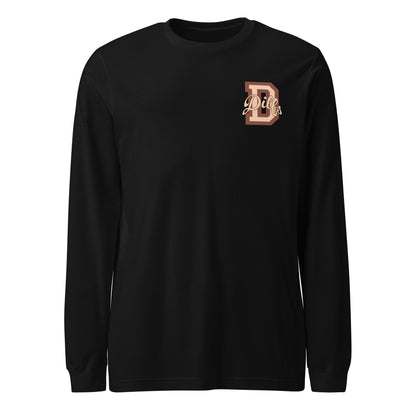 Black shirt, with varsity letter graphic in tan and brown.