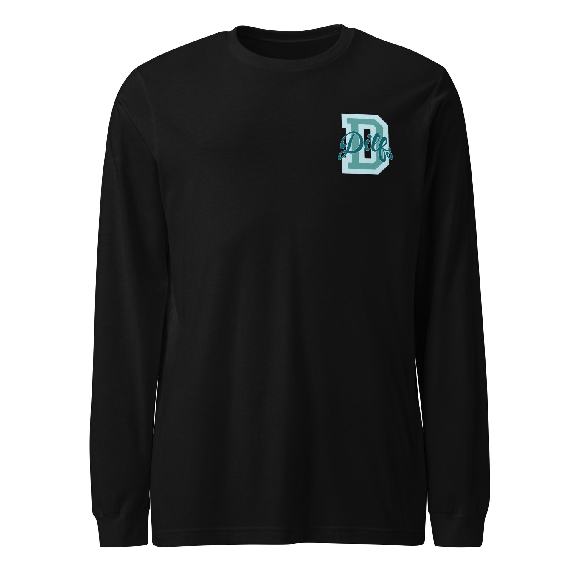 Black shirt, teal blues varsity graphic.