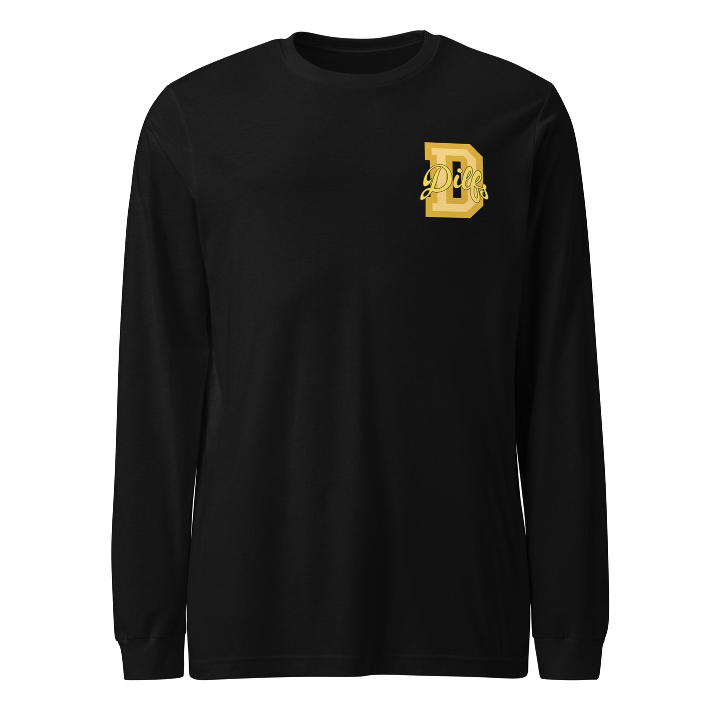 Black shirt, yellow and gold varsity graphic.