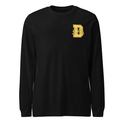 Black shirt, yellow and gold varsity graphic.