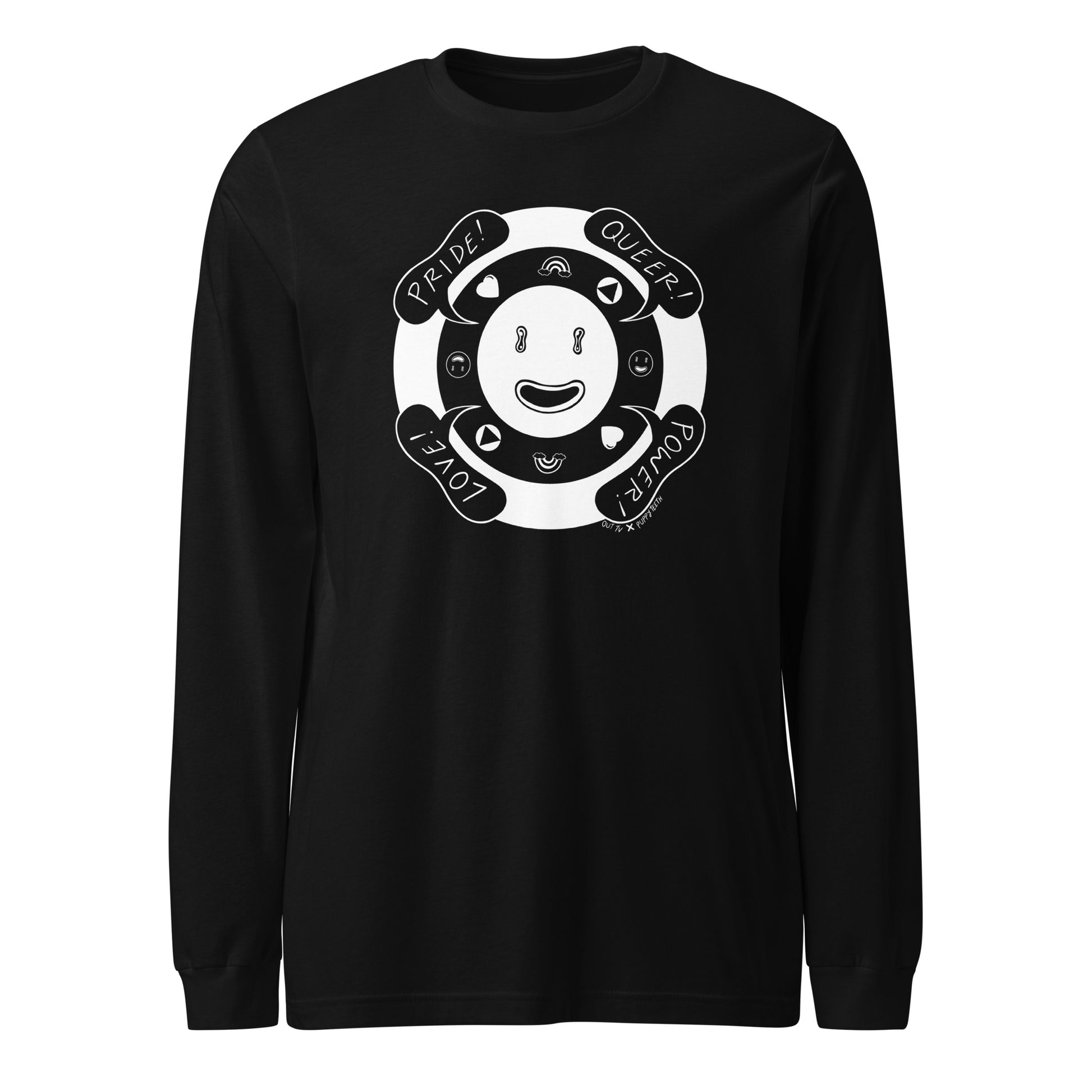 Black shirt with the same Puppyteeth smiley face graphic. Flat view.